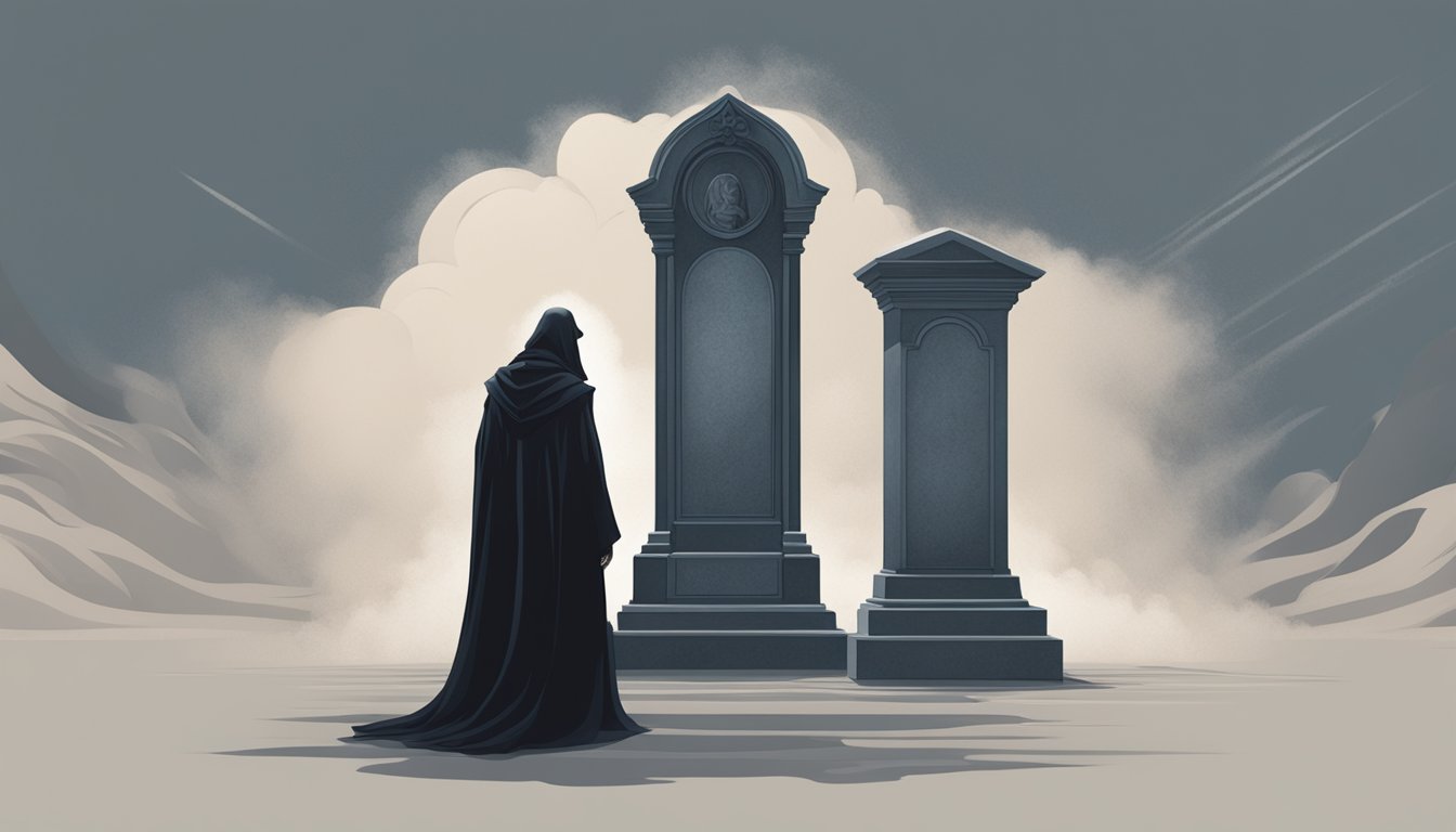 A shadowy figure stands over a blank tombstone, surrounded by swirling mist and ominous silence