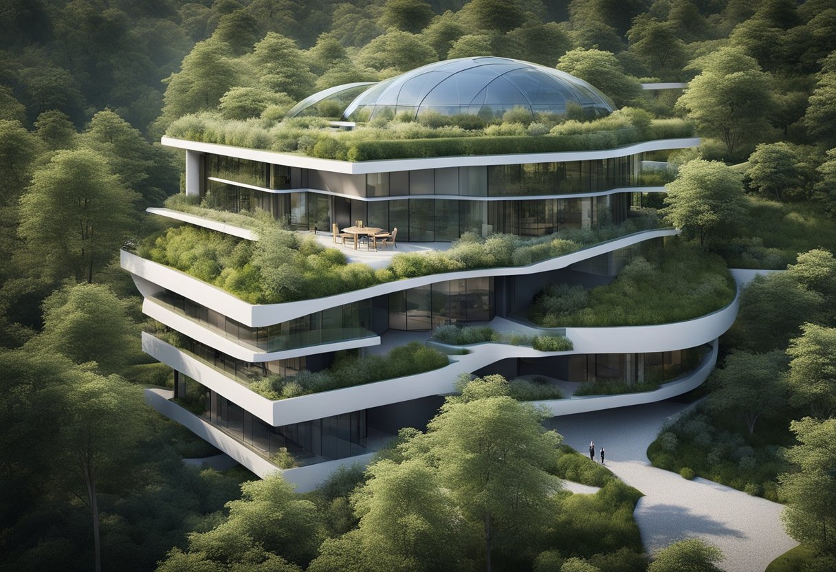 A modern architectural blueprint with sustainability and environmental criteria incorporated, surrounded by greenery and natural elements