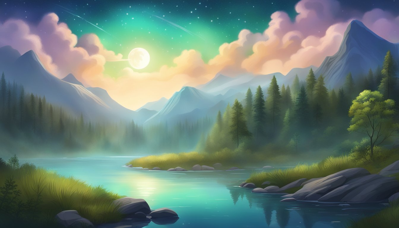 A serene, mist-covered forest with a winding river, surrounded by towering mountains and a sky filled with stars