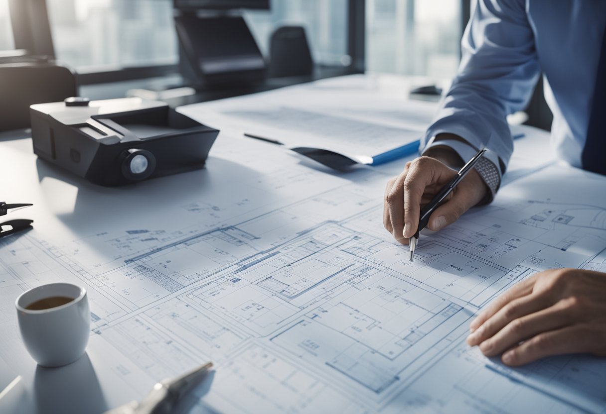 A blueprint being carefully examined and annotated by an architect with various tools and equipment scattered around the desk