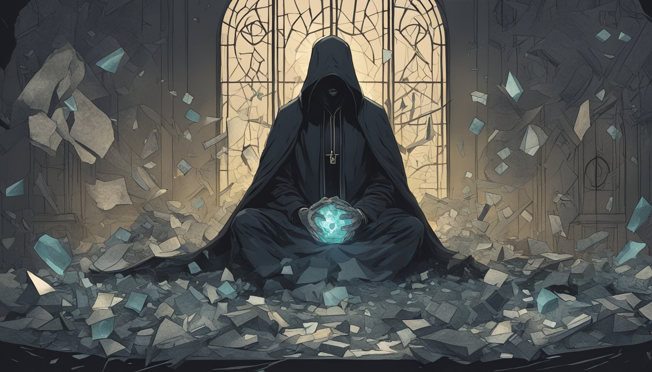 A dark figure stands over a body, surrounded by ominous symbols and broken glass