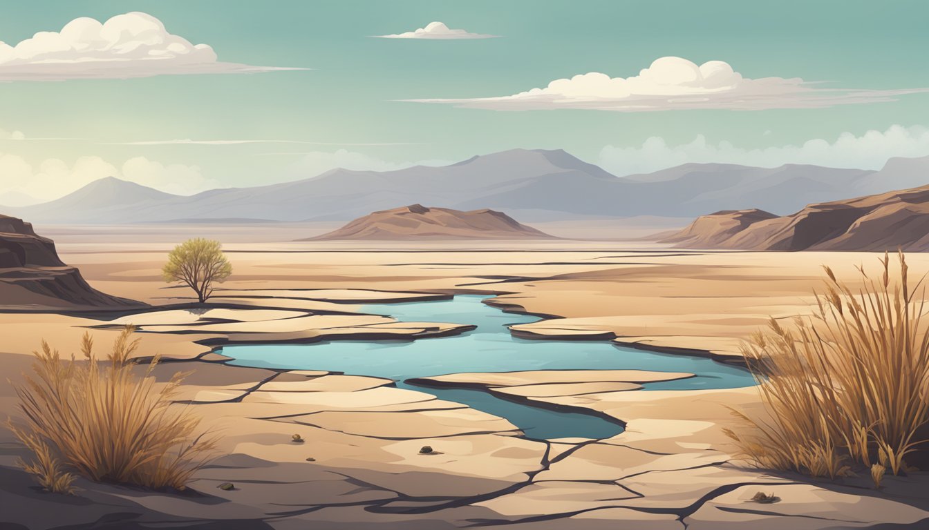 A barren, desolate landscape with withered plants and empty water sources