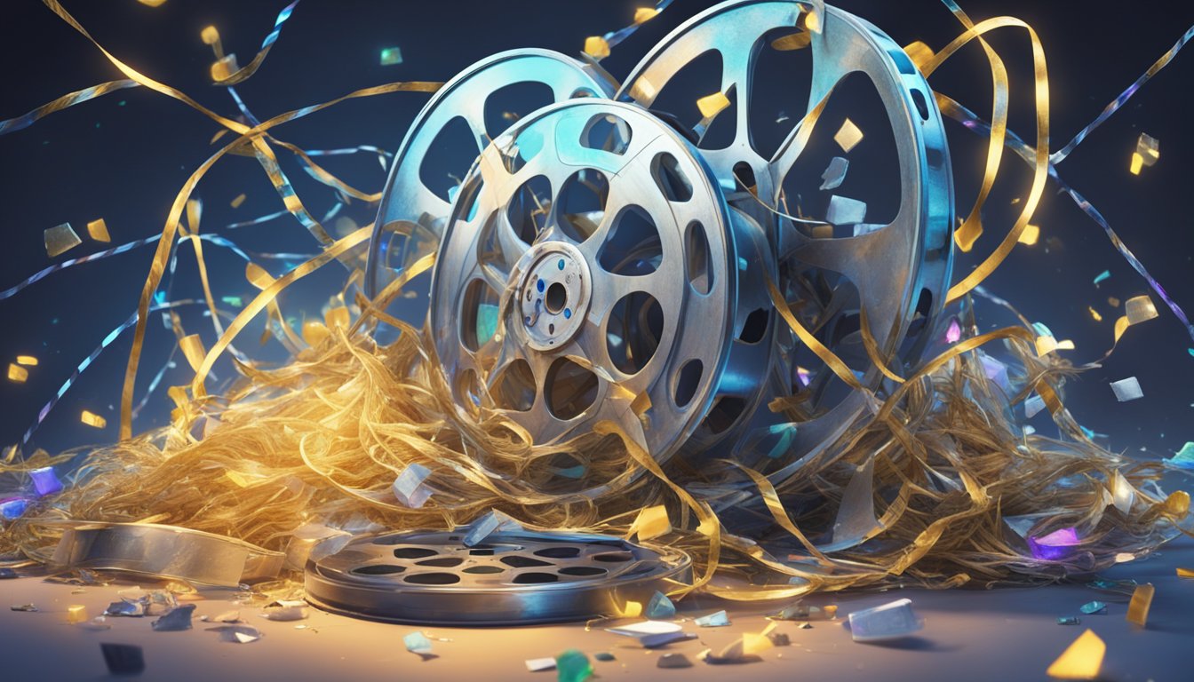 A movie reel unravels, tangled in a mess of tangled film, surrounded by shattered glass and a glowing critical reception sign