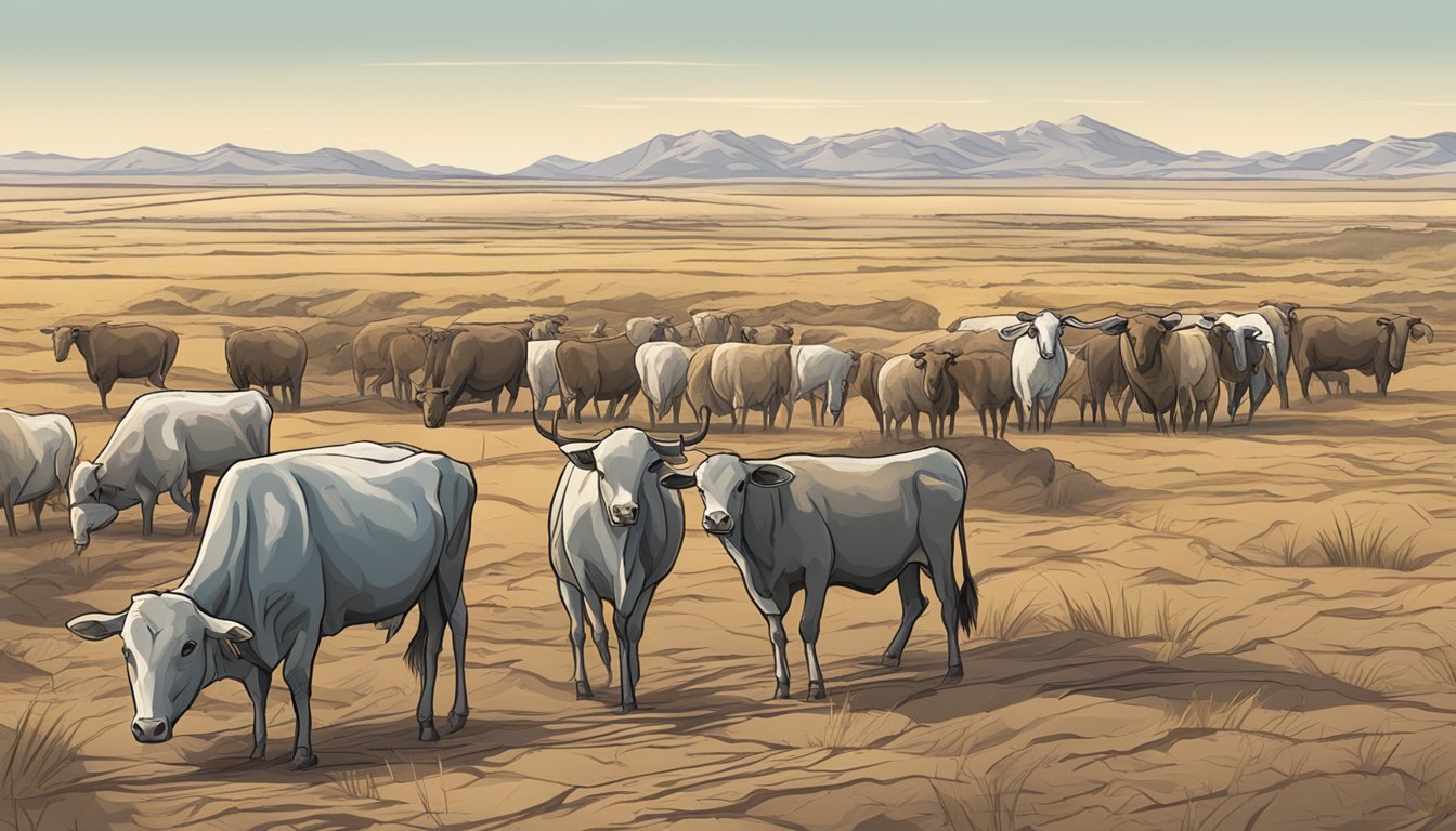 A barren landscape with wilted crops and emaciated livestock