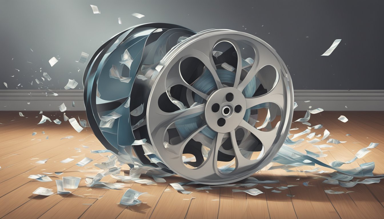 A film reel unravels from a broken projector, scattering across the floor