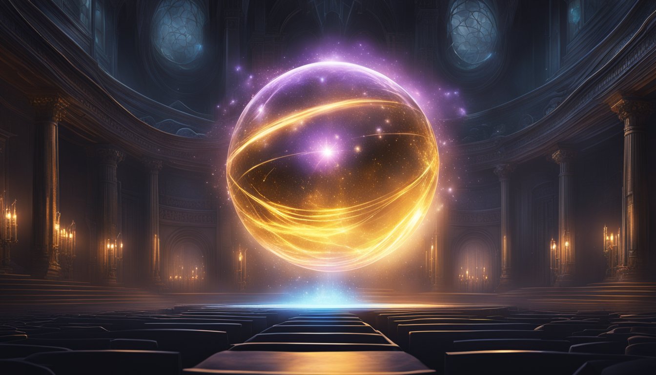 A glowing orb hovers over a dark, ominous movie set, surrounded by swirling energy and crackling sparks