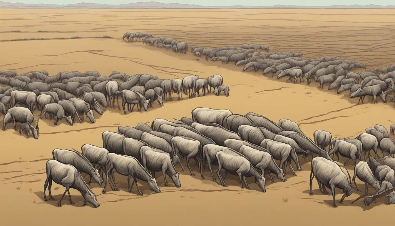 A barren field with wilted crops and empty water sources. A group of emaciated animals huddle together, their ribs visible beneath their skin