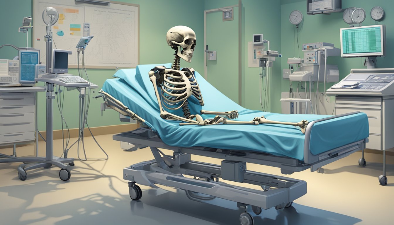 A skeletal figure lies motionless on a hospital bed, surrounded by medical equipment and charts. Emaciated limbs and sunken features convey the effects of inanition