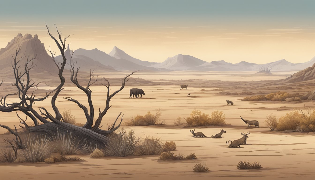 A barren, desolate landscape with dried-up vegetation and emaciated animals