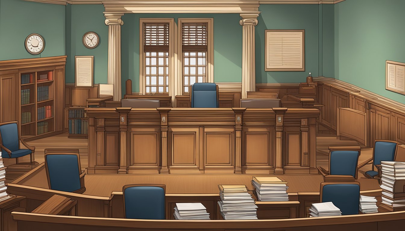 A courtroom with a judge's bench, jury box, and witness stand, surrounded by legal books and documents