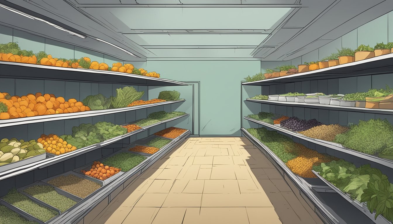 Empty shelves in a barren store, with wilted plants and decaying produce. A desolate, abandoned feeling permeates the scene, evoking the impact of inanition on society and the economy