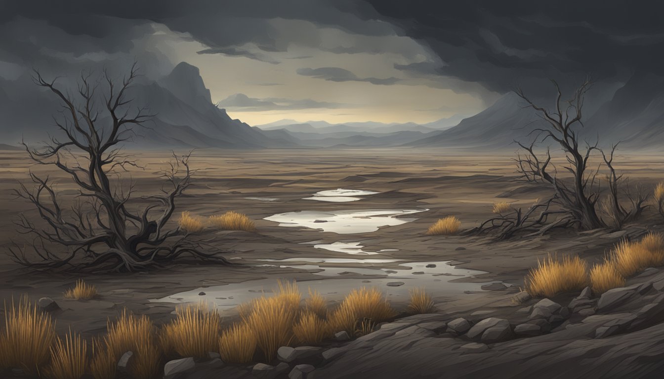 A barren landscape with wilted plants and empty water sources, under a dark and ominous sky