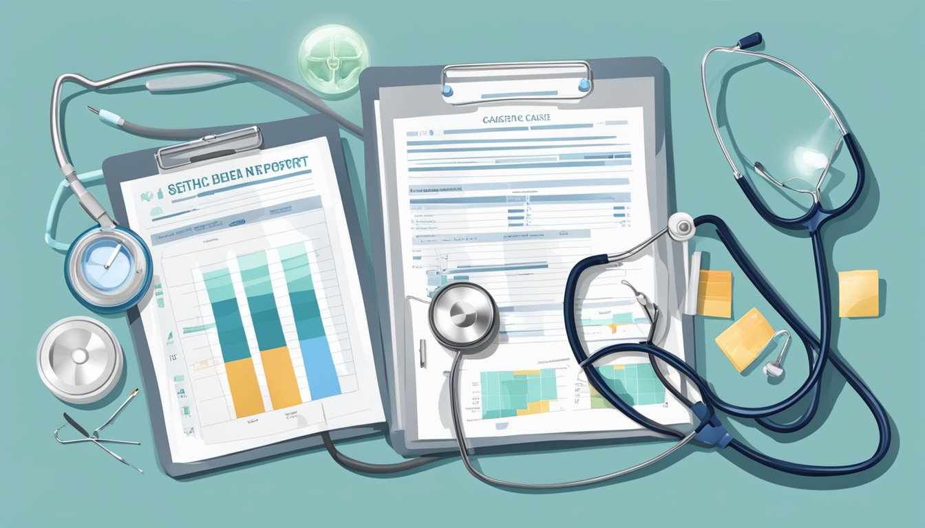 A collection of medical equipment and charts, including a stethoscope, x-rays, and a clipboard with a cause of death report