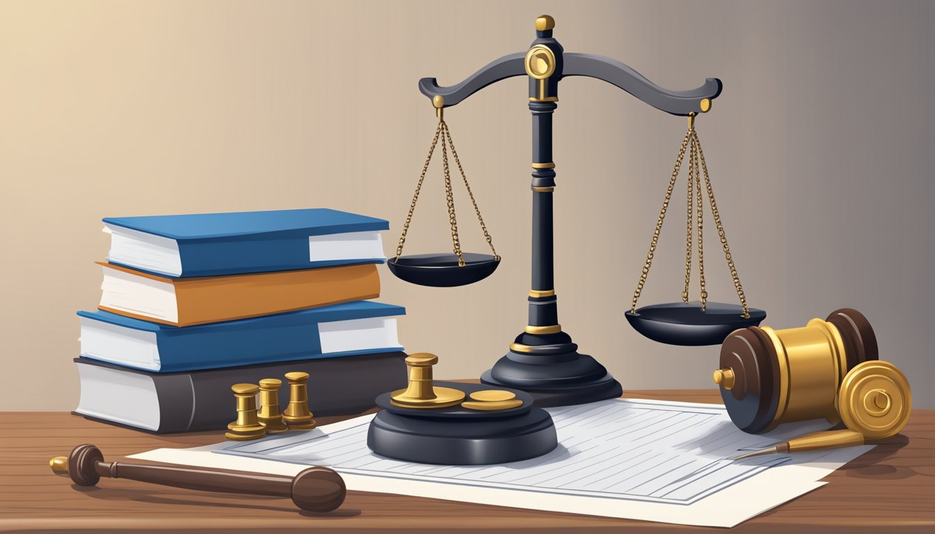 A scale with balanced weights, a gavel, and a stack of legal documents on a desk