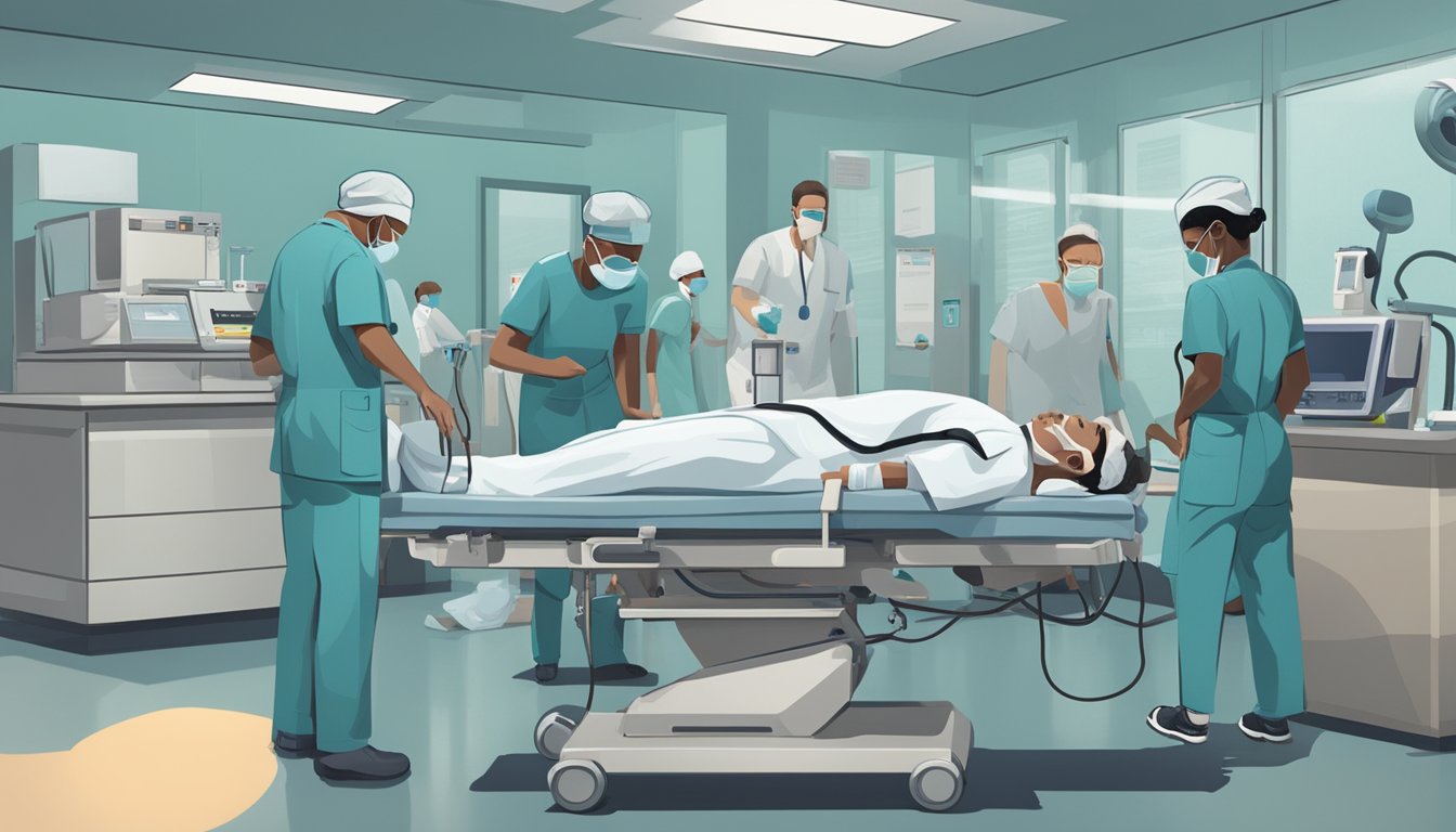 A lifeless body lies on the ground, surrounded by medical equipment and a team of frantic healthcare workers. Signs of shock are evident in the patient's pale, clammy skin and weak pulse