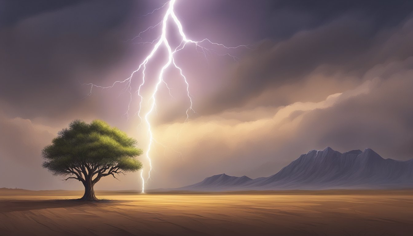 A bolt of lightning striking a lone tree in a barren landscape