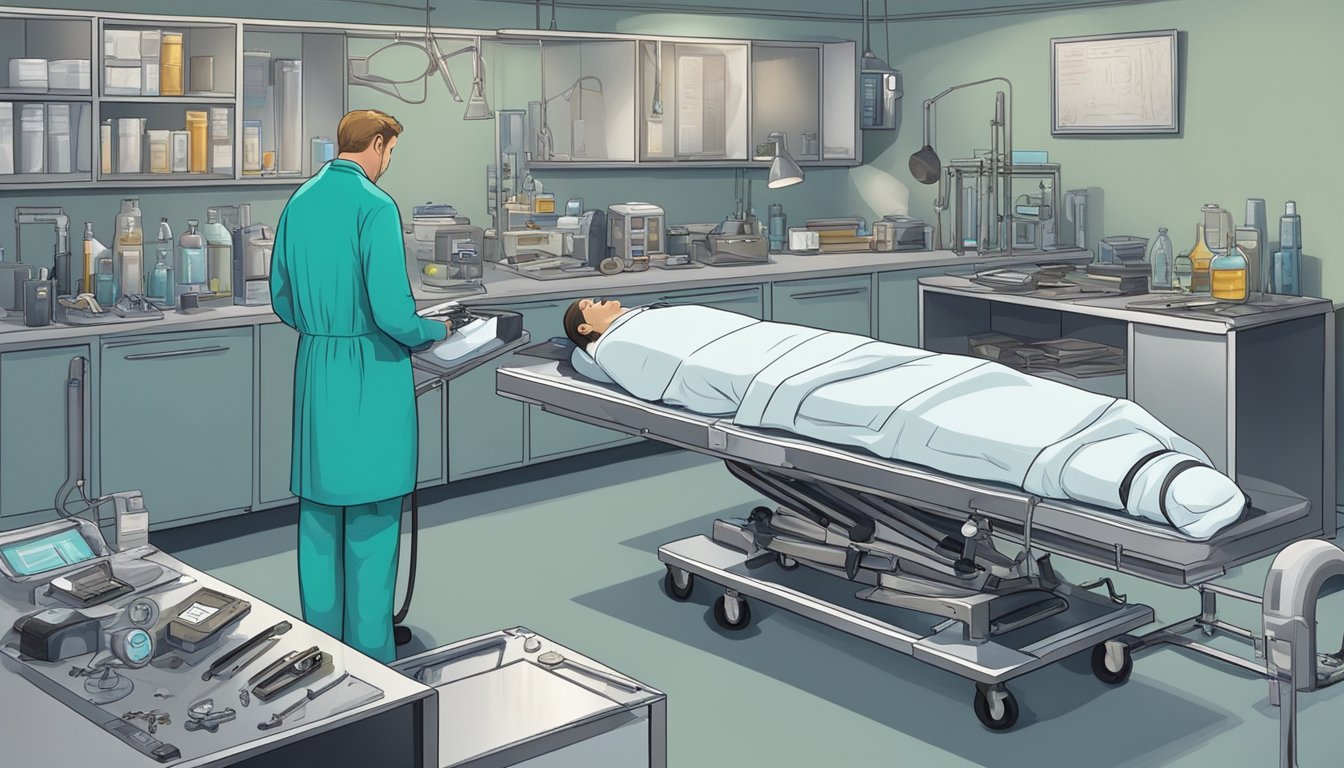 A medical examiner examines a deceased body on a metal table, surrounded by diagnostic equipment and medical tools. The cause of death is a mystery, leaving the examiner in shock