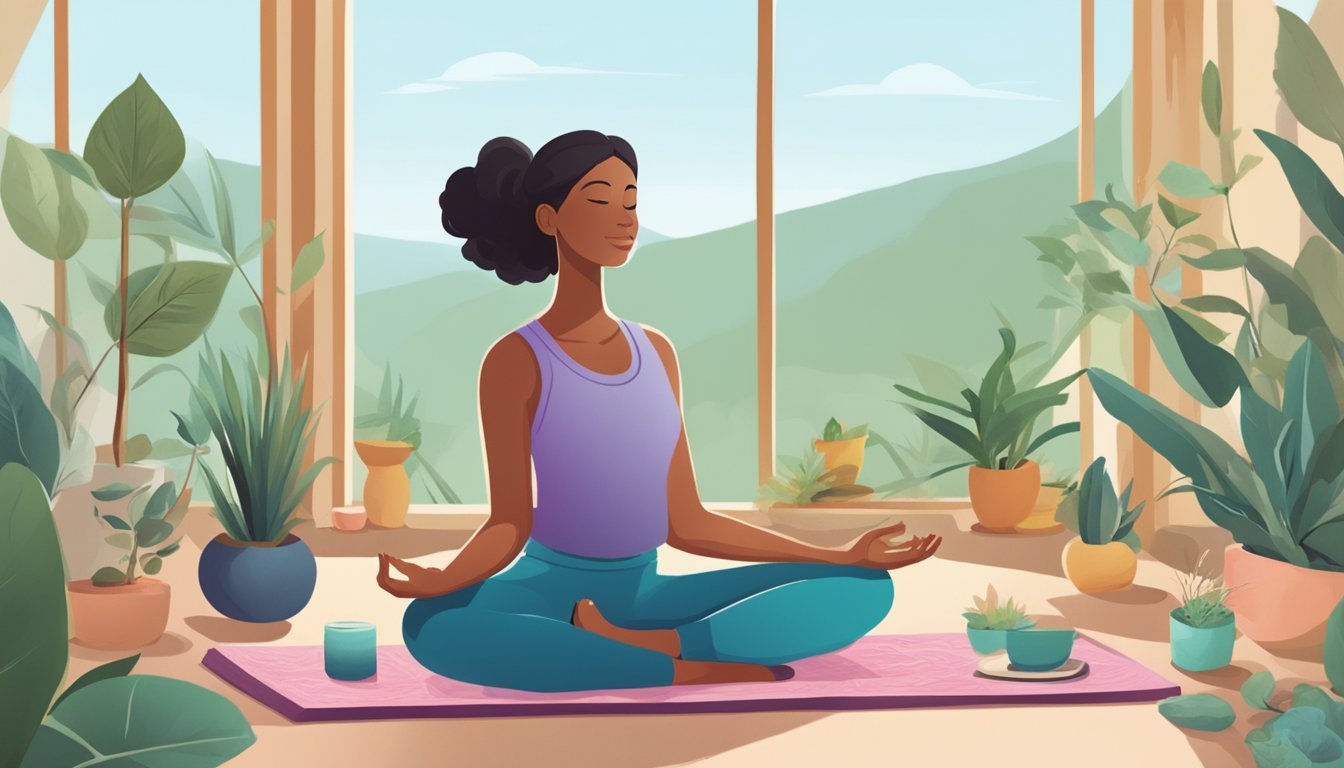 A serene figure practicing yoga in a peaceful, natural setting, surrounded by elements of self-care - a journal, aromatherapy, and healthy snacks