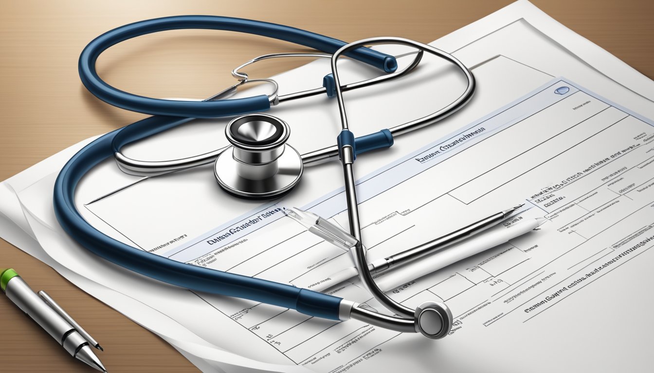 A stethoscope resting on a blank death certificate form with a pen nearby