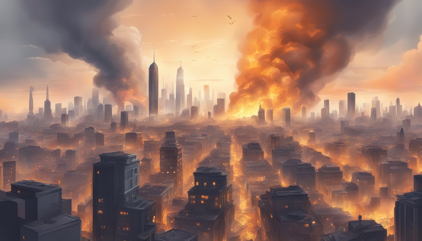 A crowded city skyline with two towering buildings engulfed in flames and smoke, surrounded by chaos and destruction