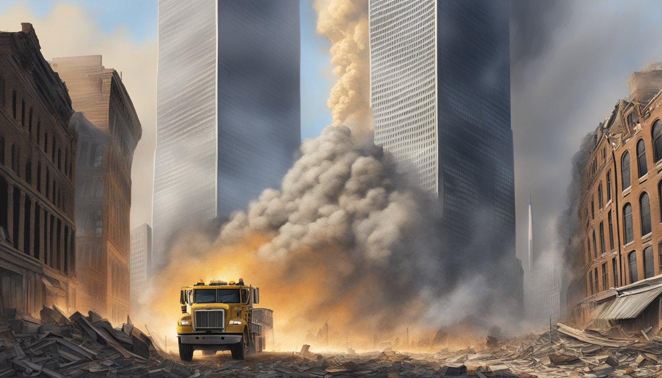 Debris and smoke fill the air as the Twin Towers collapse, causing immediate fatalities