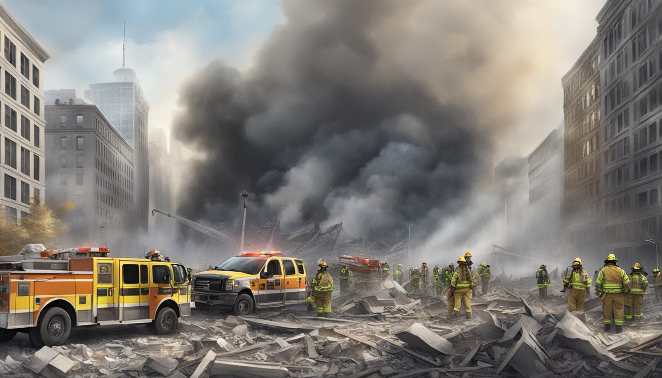 Emergency responders and debris at Ground Zero, with collapsed buildings and smoke