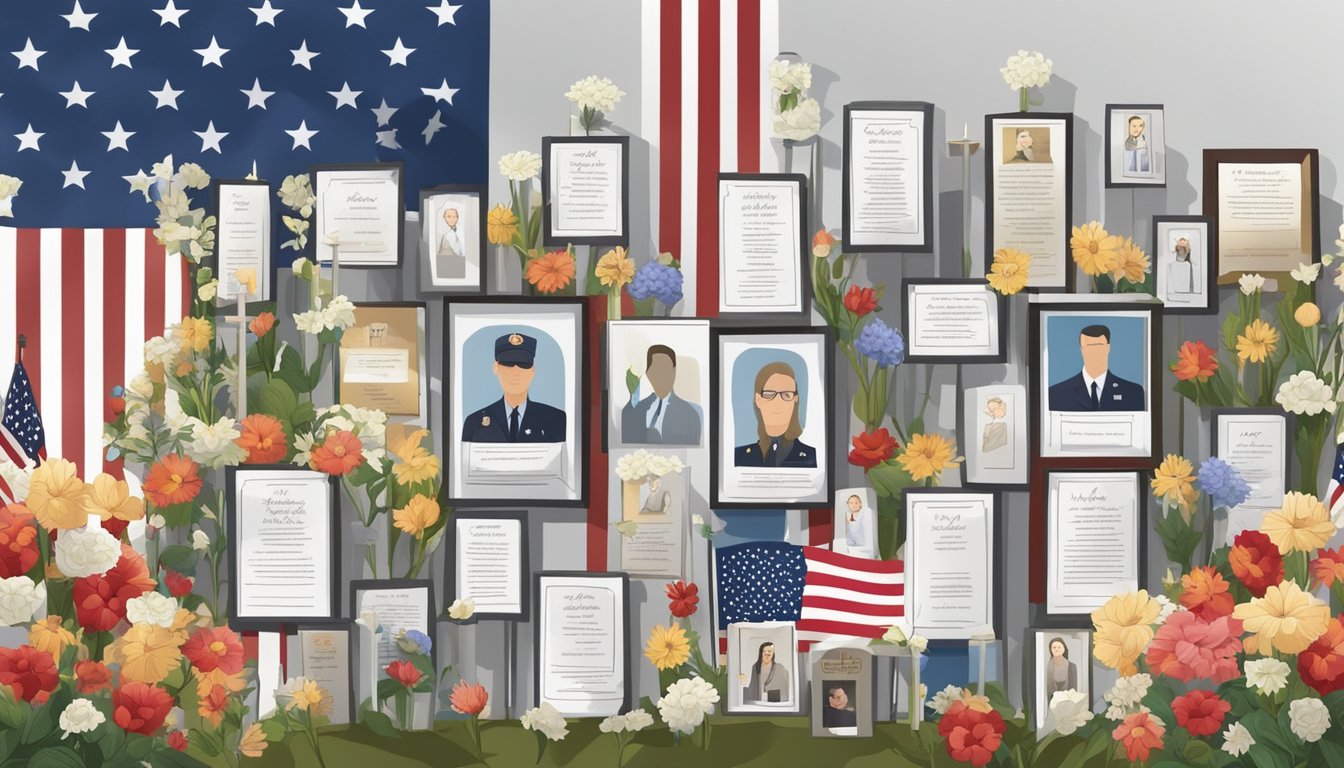 A memorial wall with names and photos, surrounded by flowers and candles, honoring the victims of 9/11