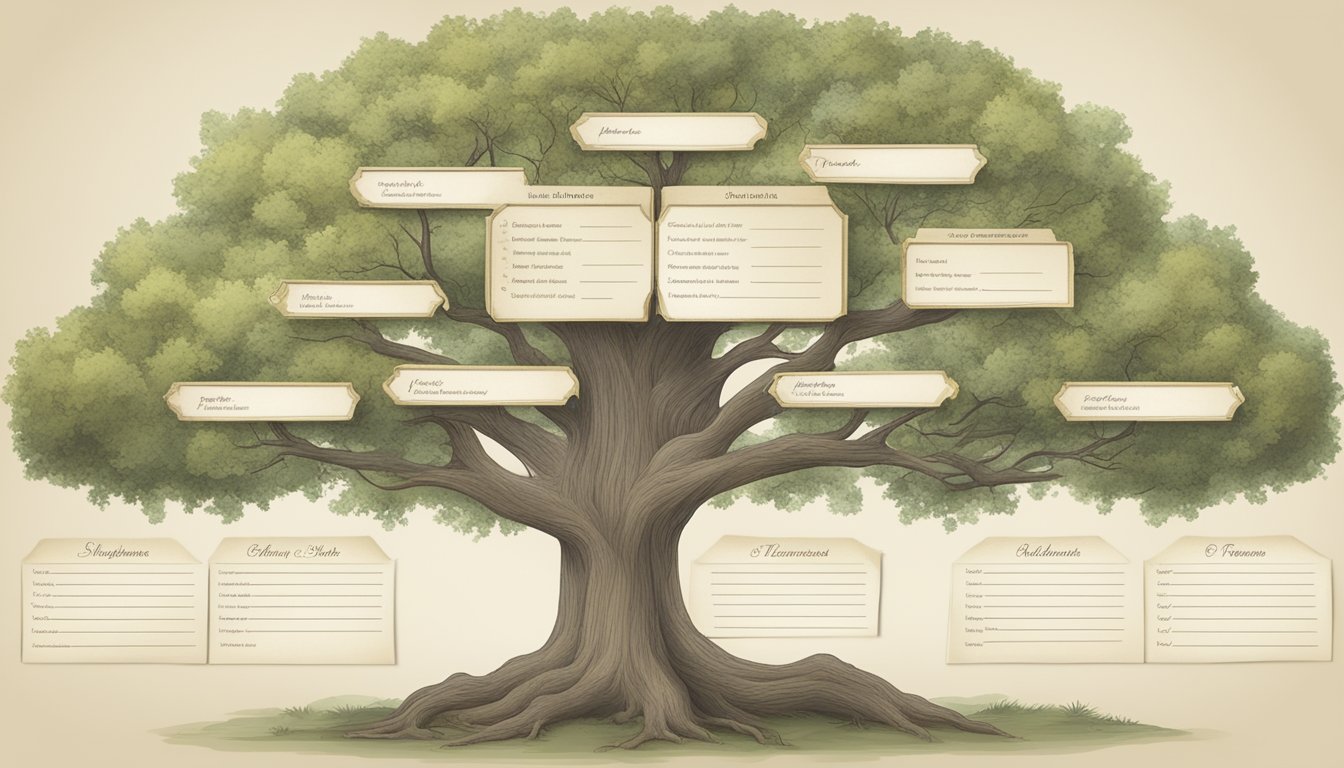 A family tree with a blank space for a deceased relative's name and a list of responsibilities and requirements written below