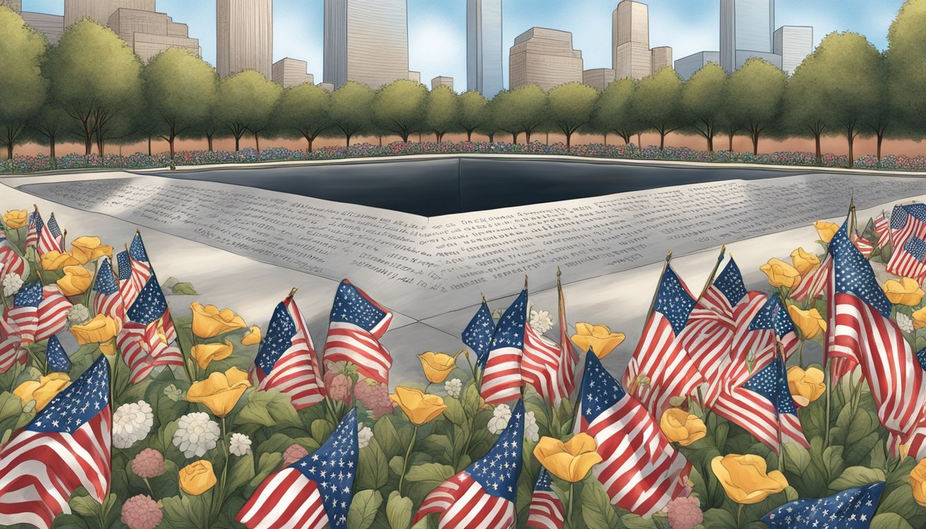 A memorial with 9/11 victims' names etched in stone, surrounded by flags and flowers, symbolizing the impact of post-9/11 issues and developments