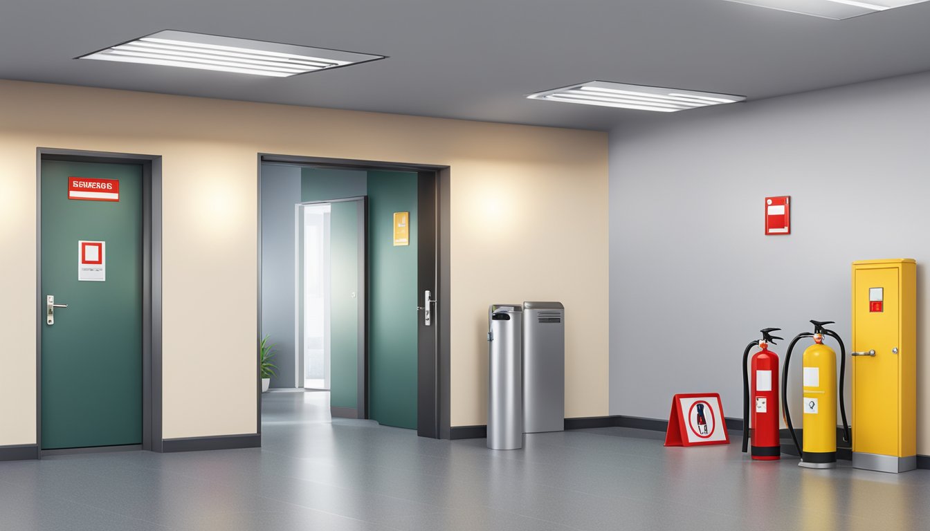 Emergency exit signs and fire extinguishers installed in a modern office building