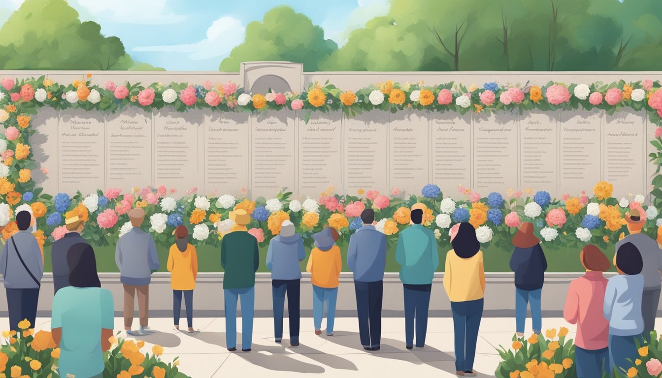 A memorial wall with names and flowers, surrounded by people paying their respects