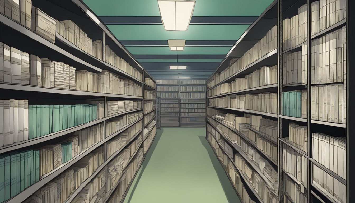 A dimly lit archive room with rows of shelves holding countless medical records. A magnifying glass hovers over a file labeled "Cause of Death."