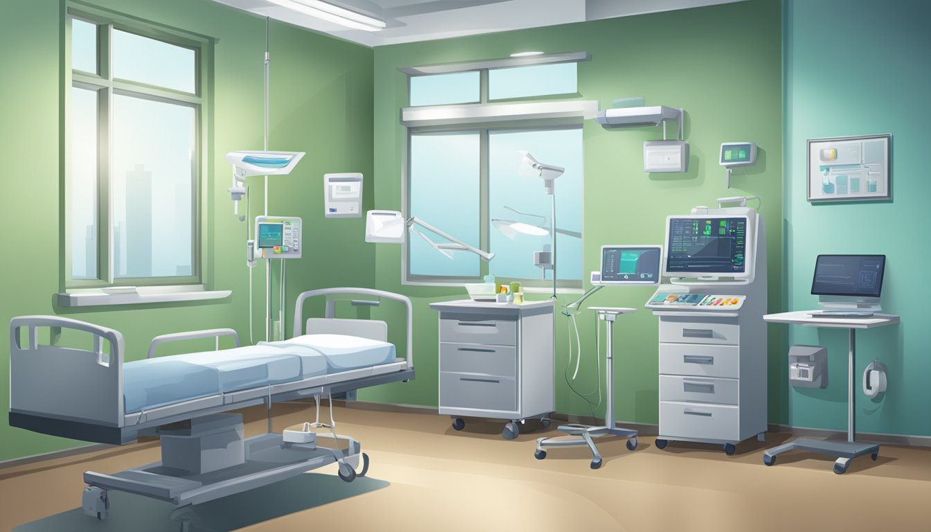 A hospital room with medical equipment and a bed, with a somber atmosphere