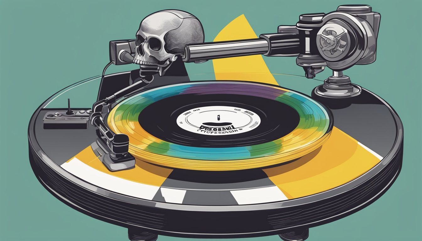 A vinyl record spinning on a turntable, with a skull and crossbones graphic on the album cover