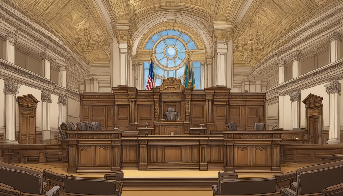 A grand, ornate courtroom with a judge's bench, witness stand, and audience seating, adorned with regal decor and symbols of authority