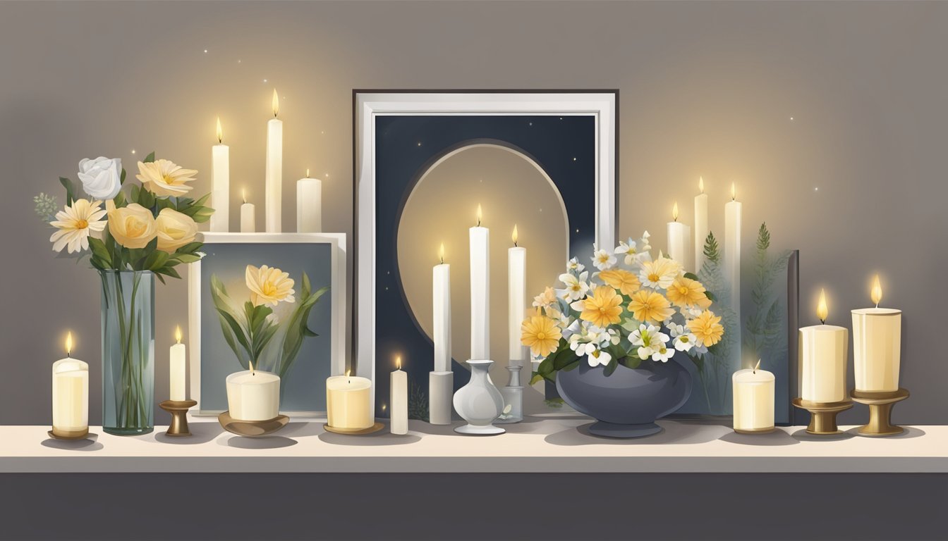 A collection of flowers, candles, and photographs form a touching memorial in honor of the deceased, with a somber atmosphere