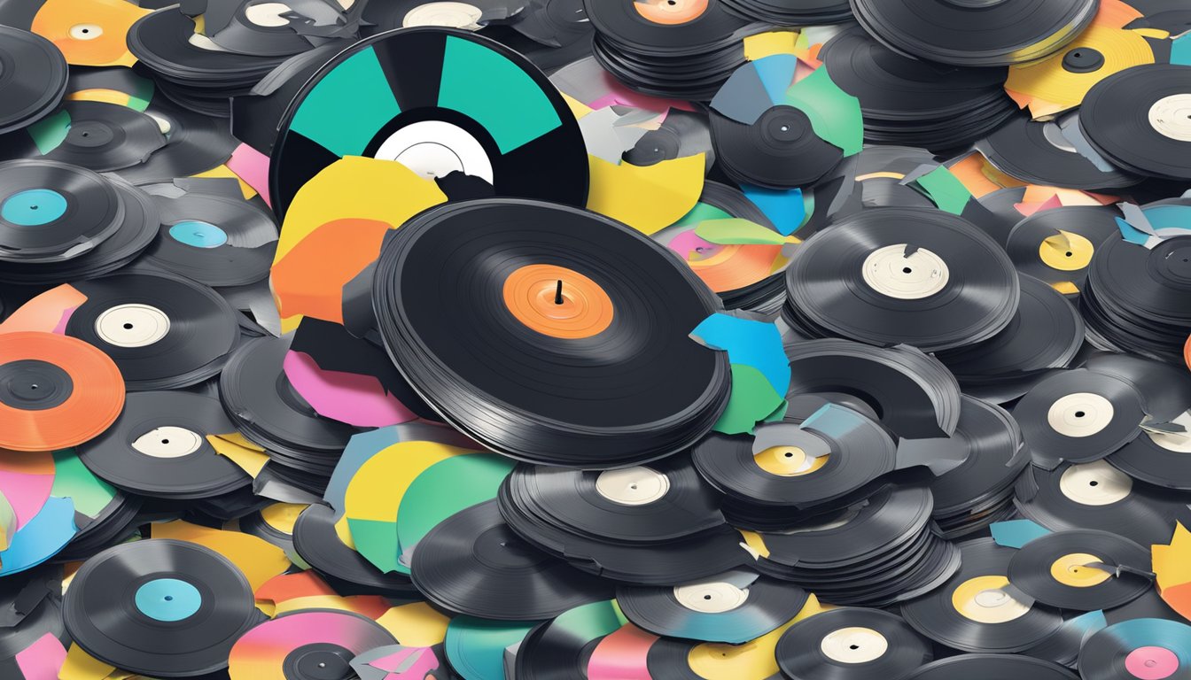 A vinyl record shatters into pieces, scattered among a pile of other broken records