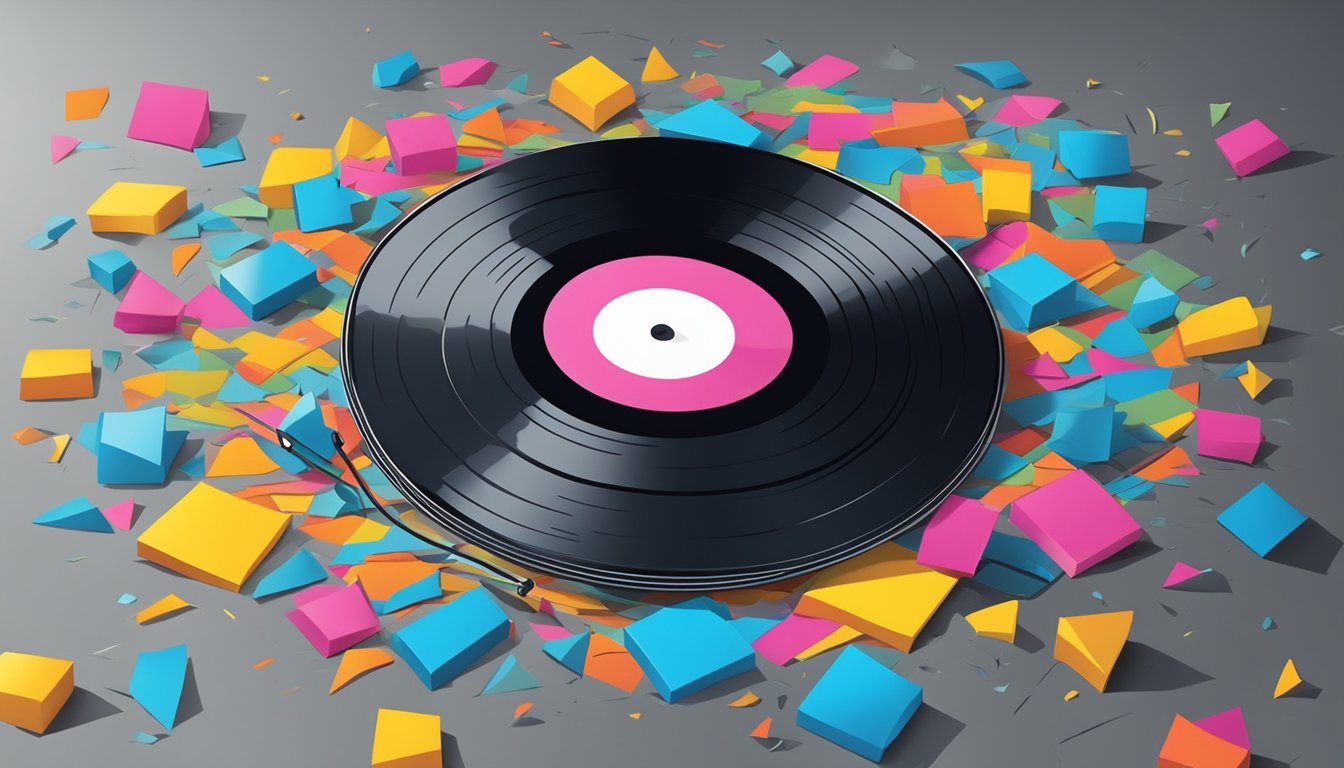 A vinyl record lies broken on a cracked pavement, surrounded by shattered pieces of its colorful packaging