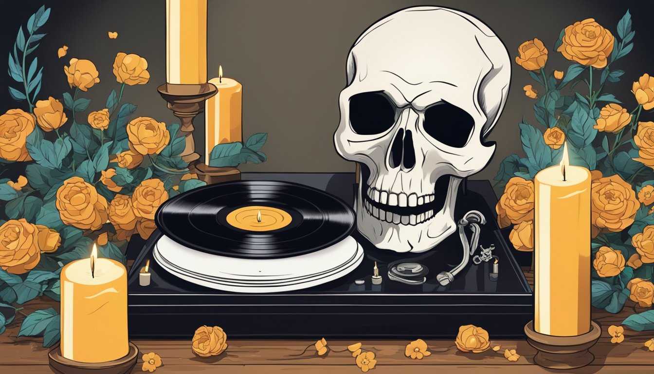 A vinyl record with a stylized skull and crossbones, surrounded by flowers and candles, sits on a table as a tribute to a posthumous legacy