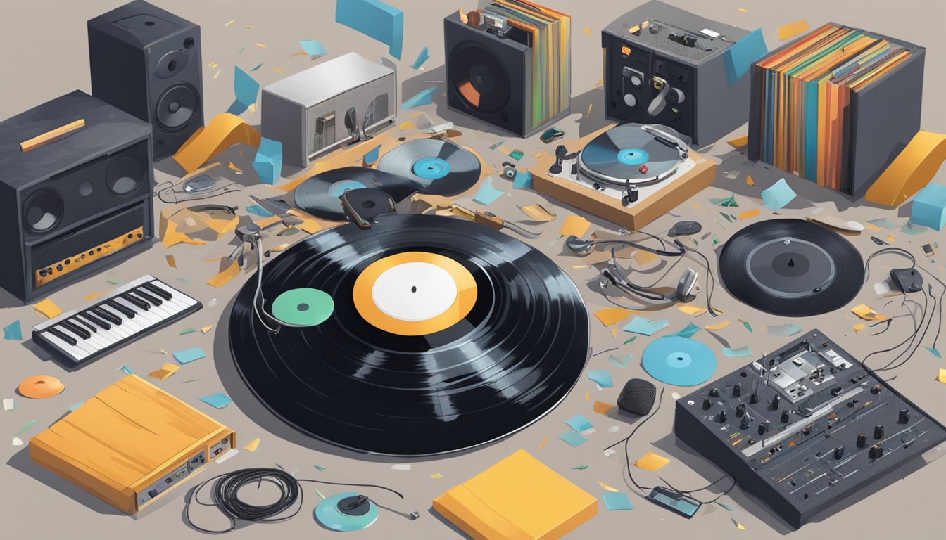 A vinyl record lies shattered on the ground, surrounded by scattered band equipment and personal belongings