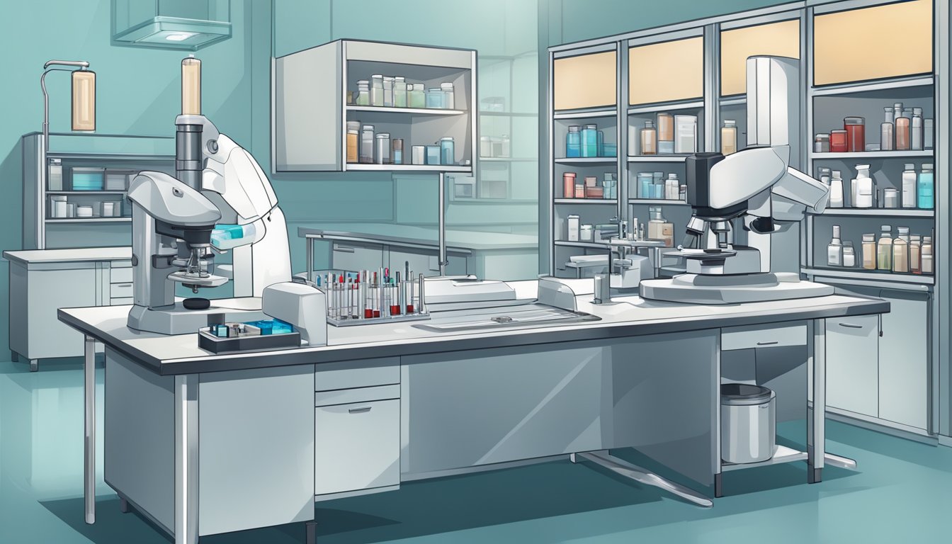 A sterile laboratory setting with medical equipment and a microscope, showing a sample of blood or tissue being analyzed for signs of uremia