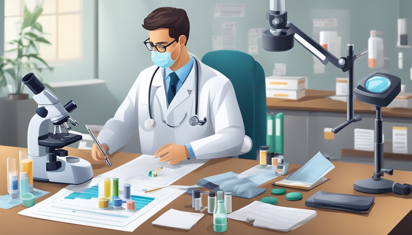 A medical examiner reviewing a chart with a microscope and various medical instruments on the table