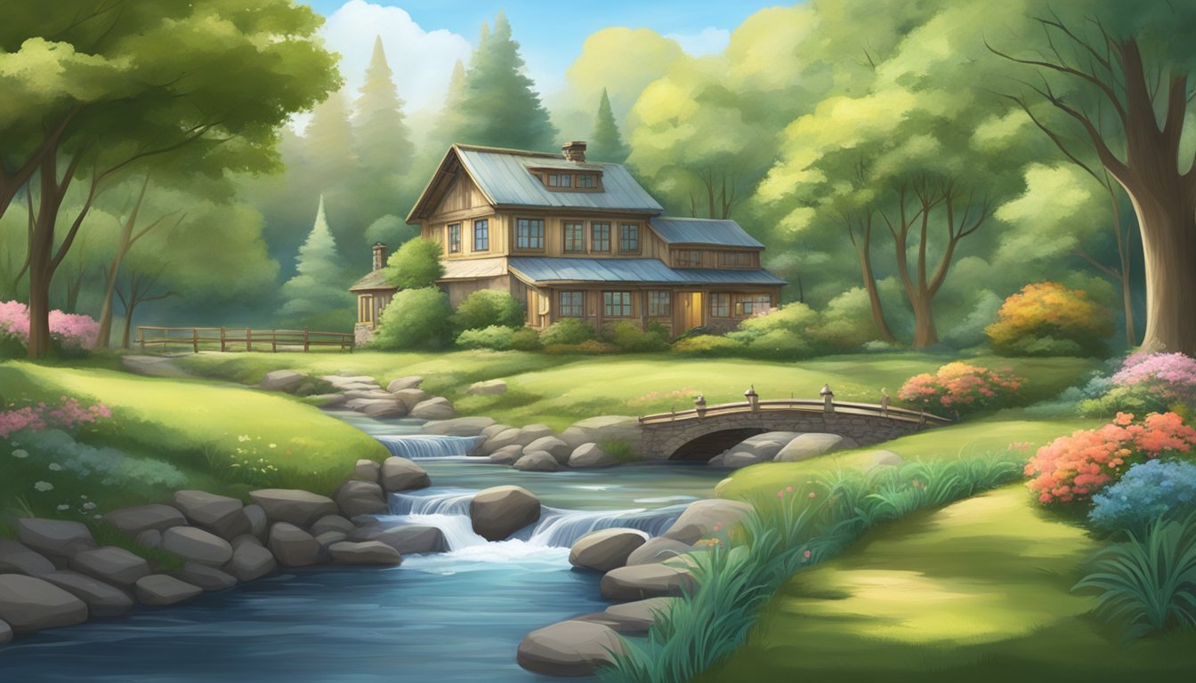 A serene setting with a peaceful garden, a flowing stream, and a small house nestled among the trees