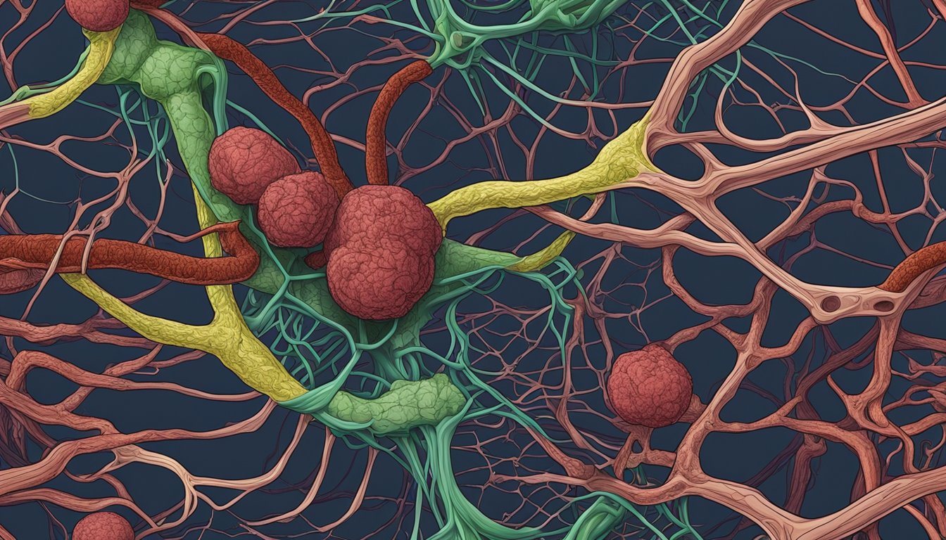 A dark, tangled web of blood vessels and kidneys, with toxic waste collecting in the center