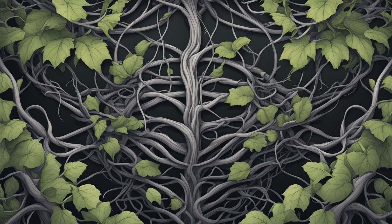 A dark, ominous kidney surrounded by tangled, thorny vines