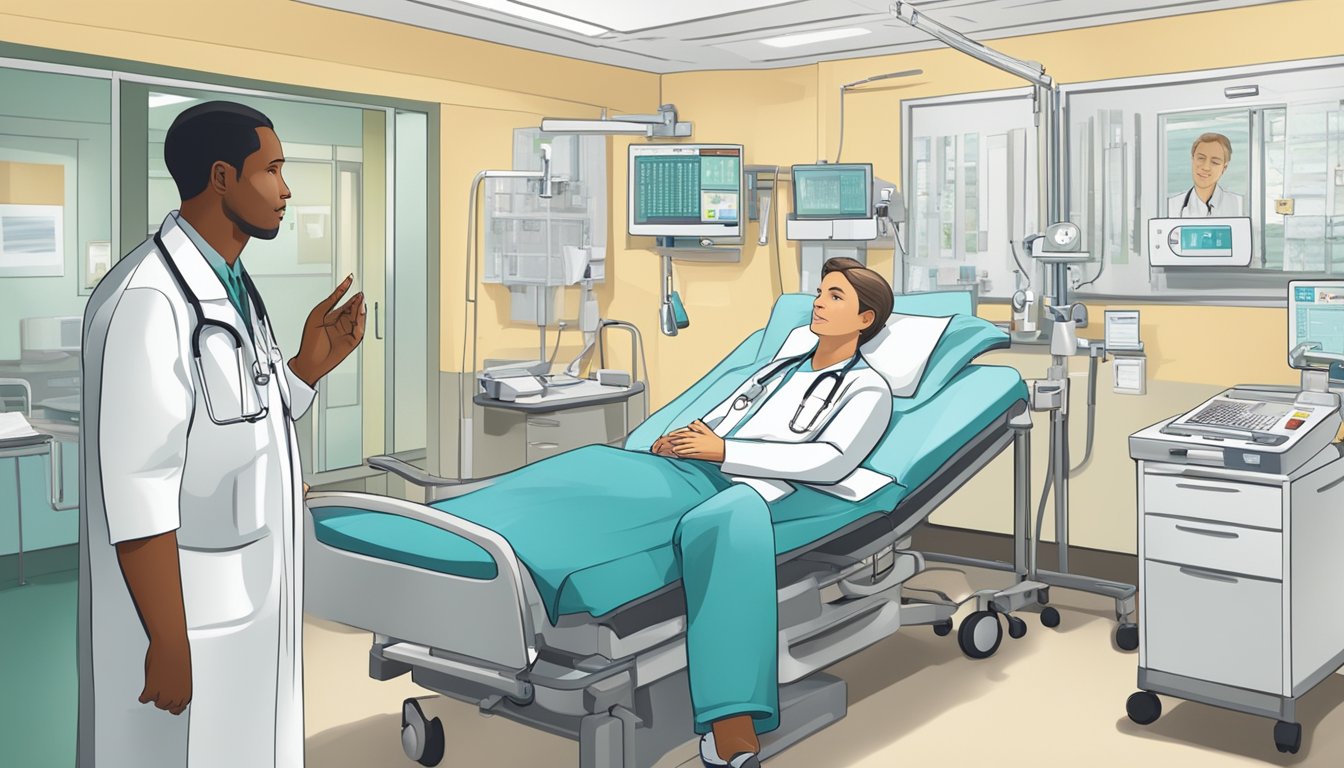 A healthcare provider and a patient engage in a conversation in a hospital room, with medical equipment and charts in the background