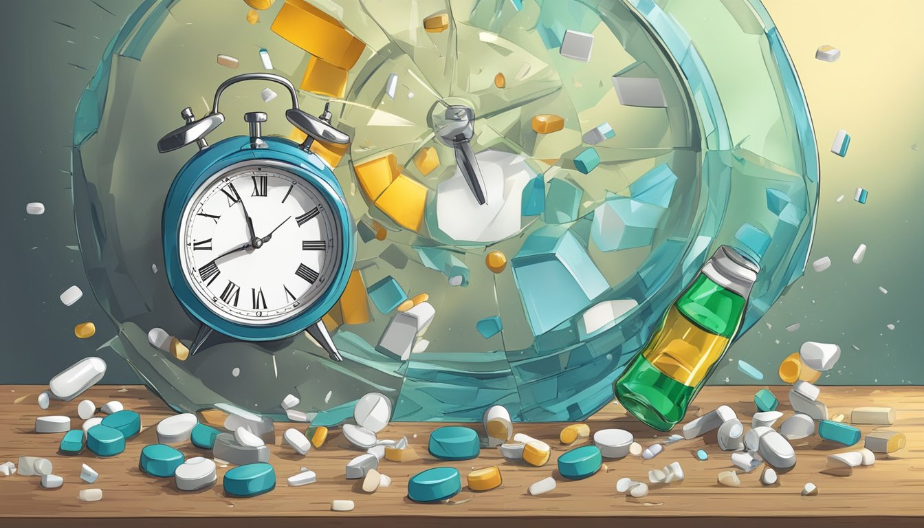 A broken clock stopped at 3:29, surrounded by shattered glass and a spilled bottle of pills