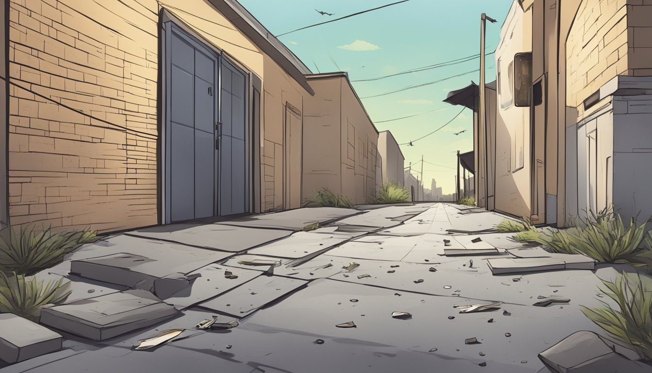 A desolate crime scene with scattered evidence and a faint trail leading away