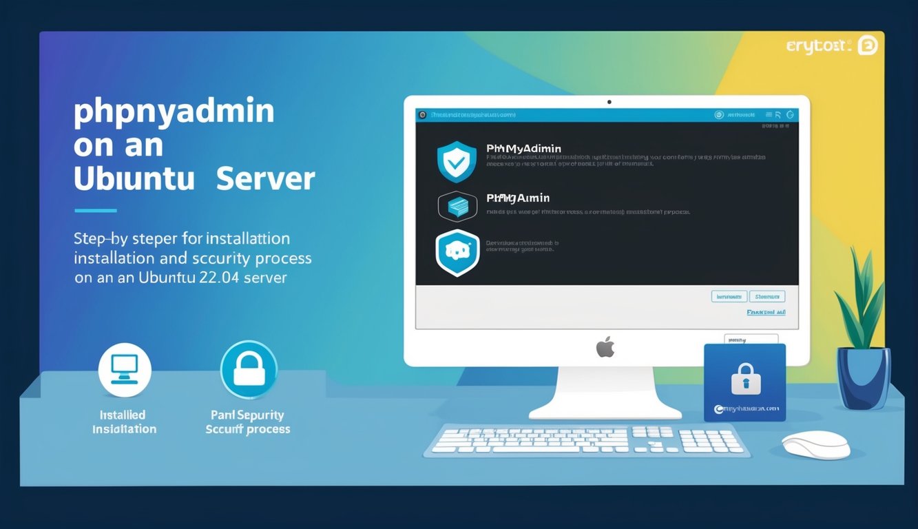 A computer screen displaying the step-by-step installation and security process for phpMyAdmin on an Ubuntu 22.04 server