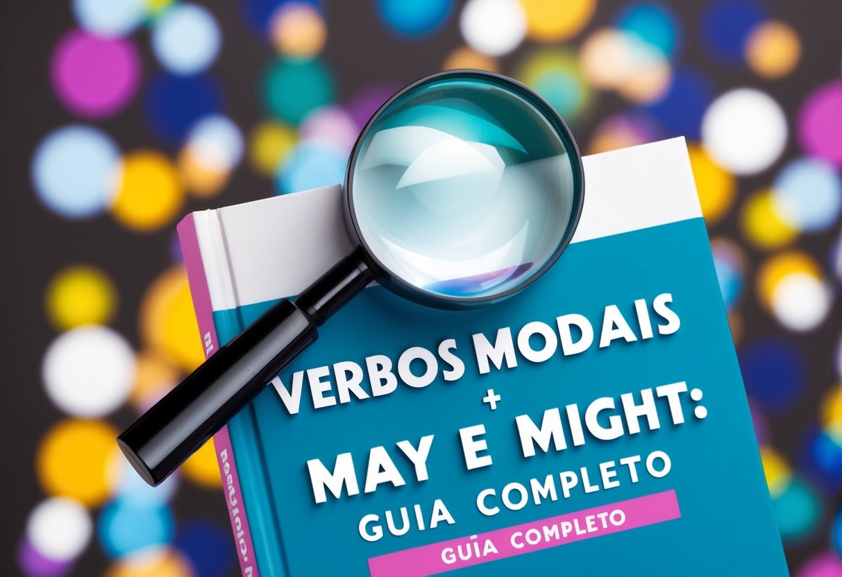 Uma capa de livro com uma lupa pairando sobre as palavras "Verbos modais May e Might: Guia completo" cercadas por formas abstratas coloridas